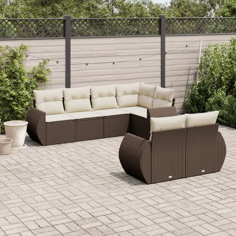 vidaXL Patio Sofa Set with Cushions Outdoor Furniture 7 Piece Poly Rattan - Brown and cream