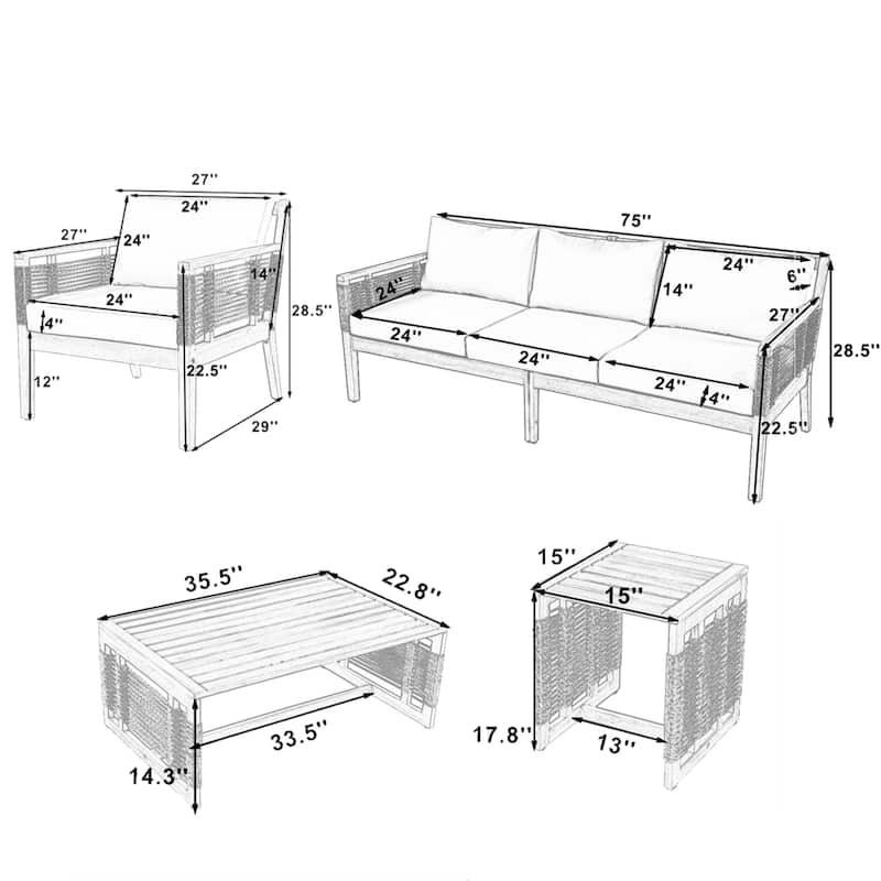 Roomfitters 5-Piece Patio Sofa Set, Modern Rope Weave Outdoor Furniture, 3-Seater Sofa, 2 Armchairs and 2 Tables, Teak+Beige