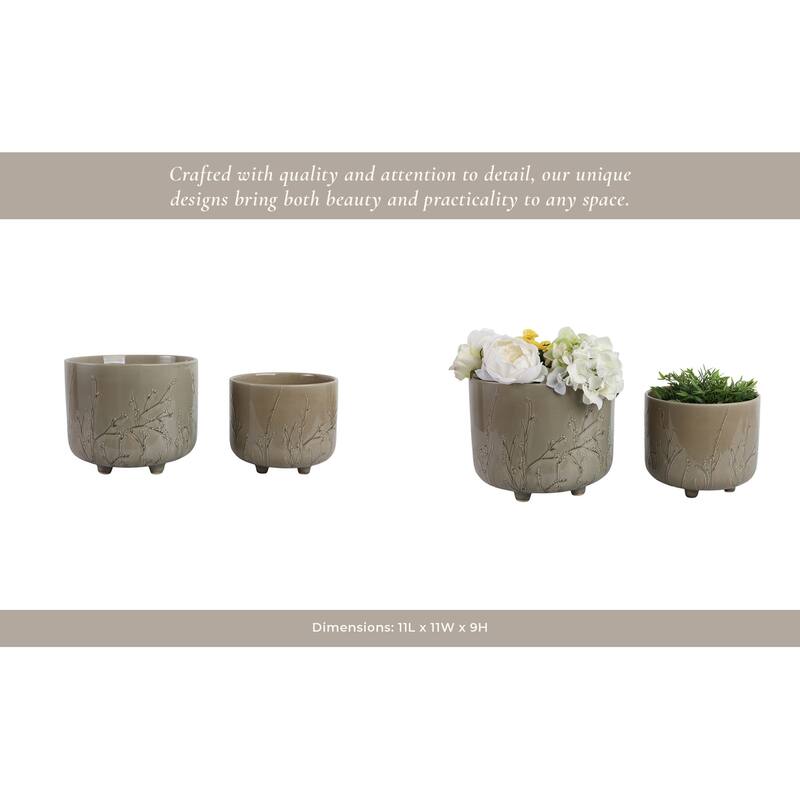 Ceramic Stoneware Planter with Raised Botanical Texture Footed Base