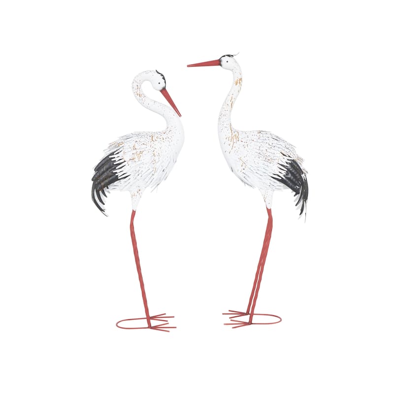 Metal Crane Tall Decorative Garden Sculpture with Brown Speckled Texture and Red Accents - Set of 2 White - Roche River Decor - White
