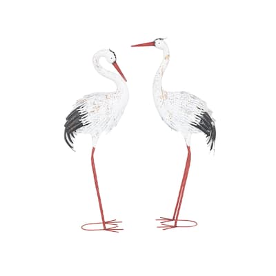 Metal Crane Tall Decorative Garden Sculpture with Brown Speckled Texture and Red Accents - Set of 2 White - Roche River Decor