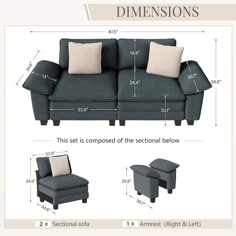 MAISON ARTS Cloud Modular Deep Seat Sofa, Chenille or Corduroy Sectional Couch with Removable Arms, 1–4 Seater