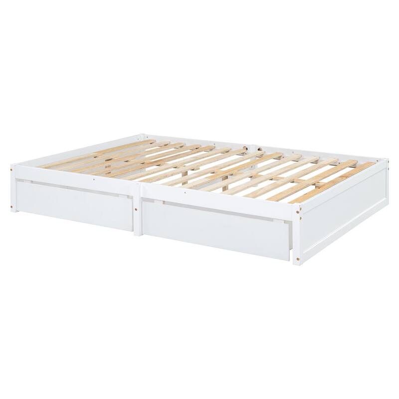Full Size Wood Daybed with Fence Guardrails and 2 Drawers, Convertible to Floor Bed & Daybed, White