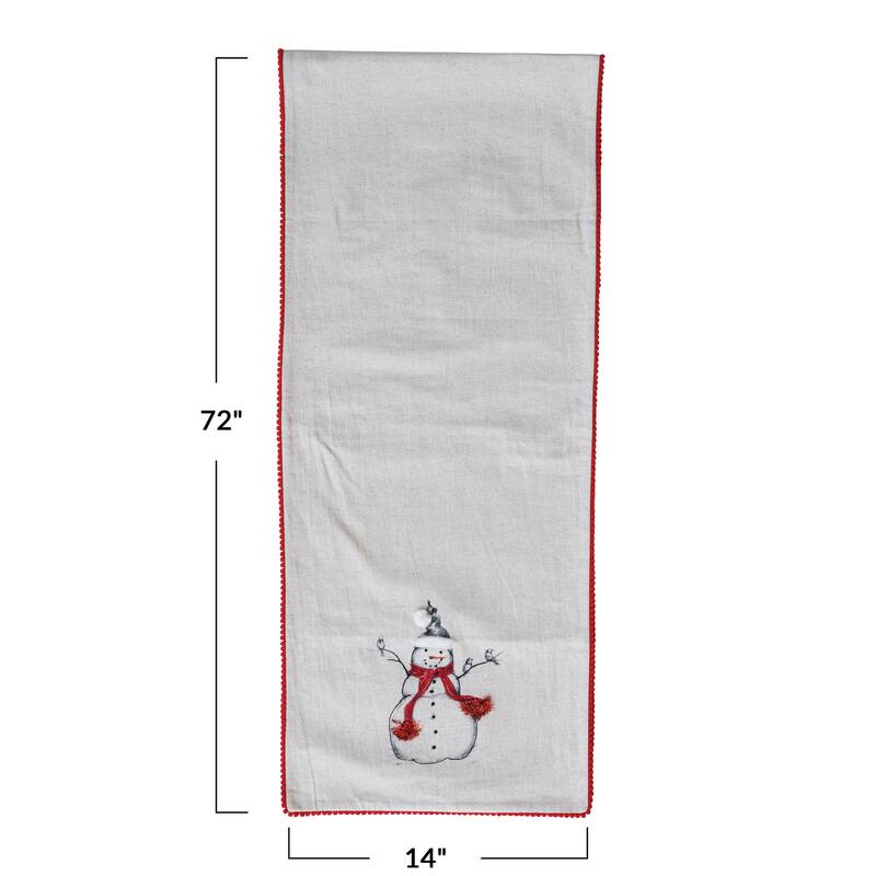 Linen Printed Table Runner with Embroidered Snowman and Bird Image, Applique and Pom Pom Trim