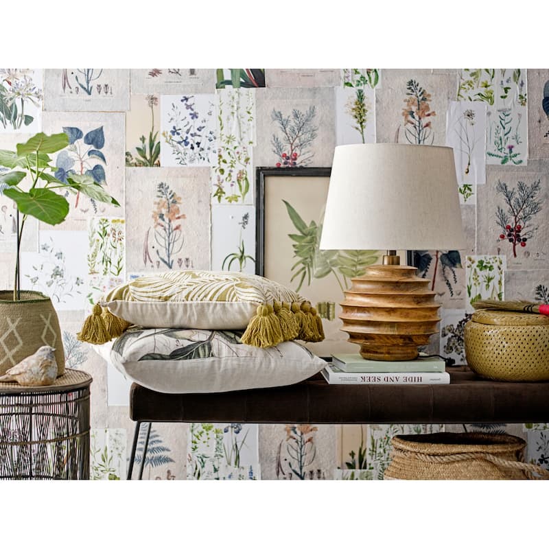 Cotton Pillow with Palm Frond Pattern & Tassels, Green and Natural