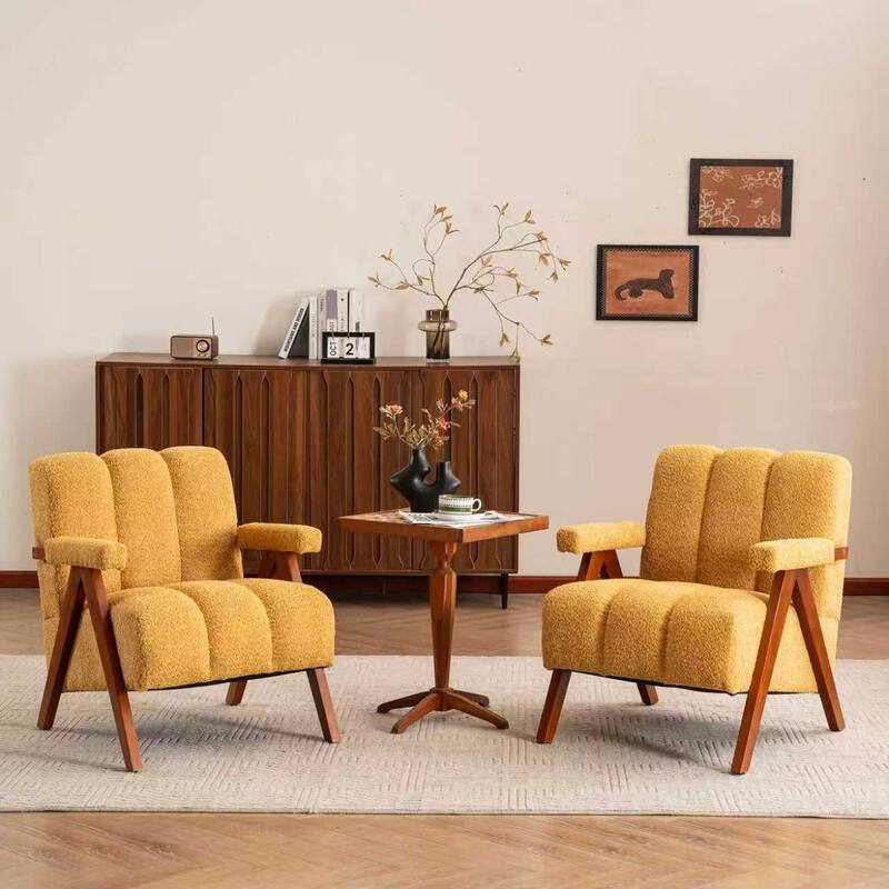 Mid Century Modern Accent Chair, Chenille Armchair with Solid Wood Legs, Channel Tufted Comfy Reading Chair for Living Room - Set-of-2-Mustard