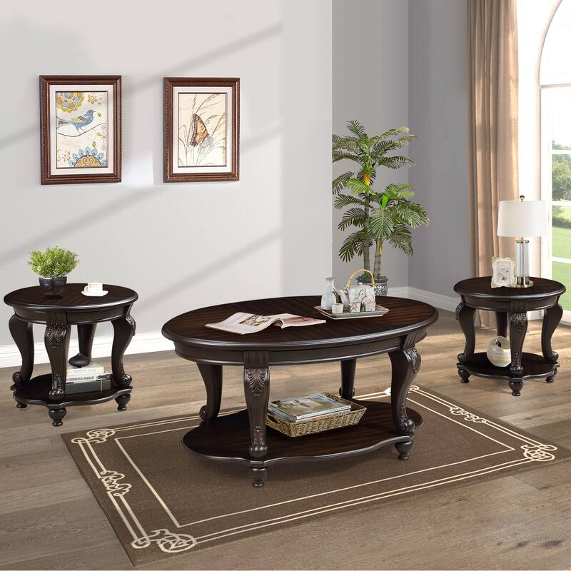 42" Oval Wood Coffee Table, 2 Tier Cocktail Table with Open Shelf