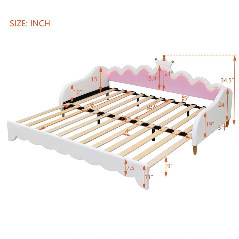 Twin Extending Daybed with LED Lights, Modern Upholstered Princess Daybed With Crown Headboard