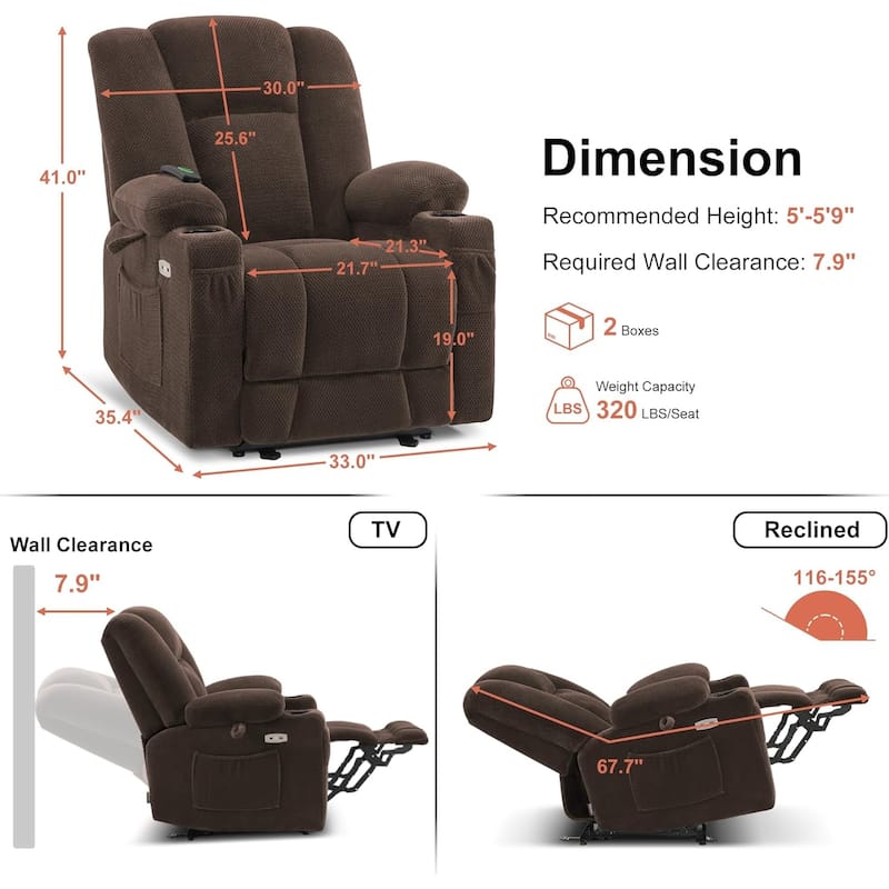 MCombo Electric Power Recliner Chair with Massage & Heat, Plush Fabric 8015