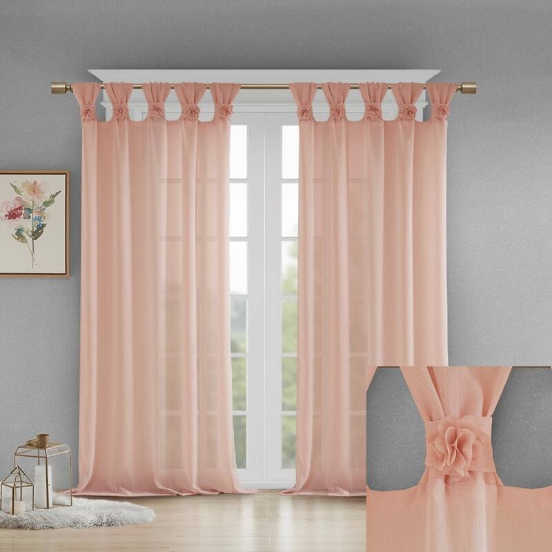 Floral Embellished Cuff Tab Top Solid Curtain Panel(Only 1 Pc Panel) - 63 Inches - Blush