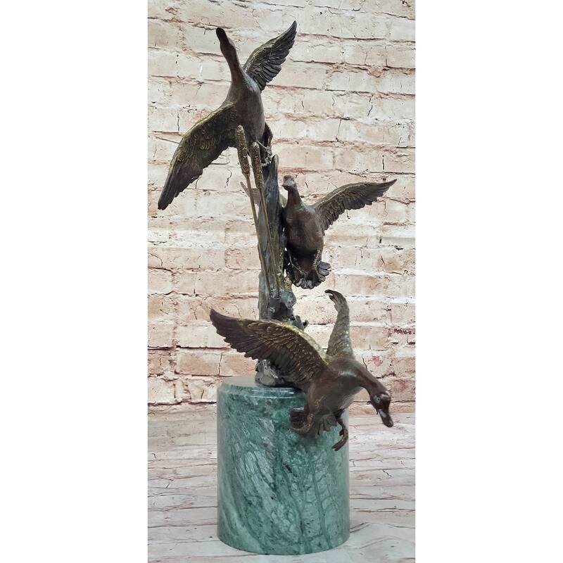 Three Ducks Geese Water Birds In Flight Among The Reeds Bronze Sculpture On Marble Base