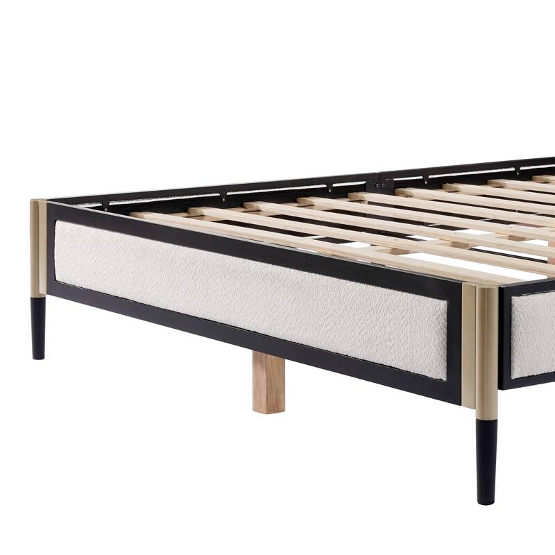 Full Size Platform Bed with White Boucle Headboard, Champagne Silver & Black Metal Frame