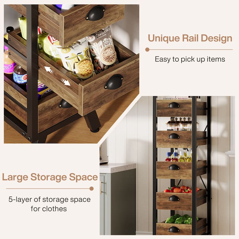 Wood Fruit and Vegetable Storage Rack, 5-Tier Kitchen Pantry Storage Cabinet