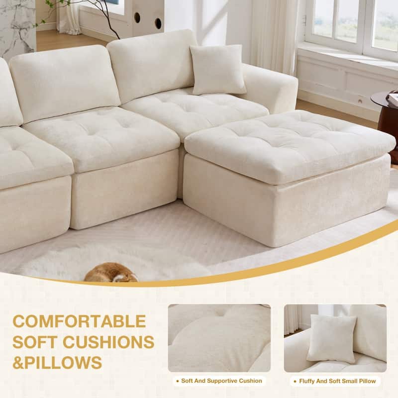 110" L-Shaped Chenille Sectional Sofa with Ottoman, No Assembly Required