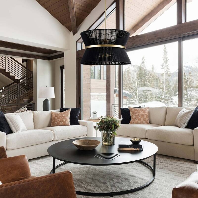 24 inch 8-Light Modern Farmhouse Large Round Chandelier Patinaed Brass/ Bleached Tiered Drum Natural Hand-woven Rope Chandelier