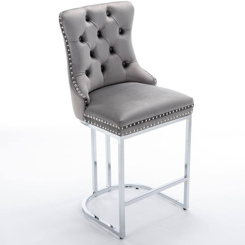 Modern Upholstered Bar Stools with Tufted Backs and Footrest（Set of 2）Grey - Set of 2