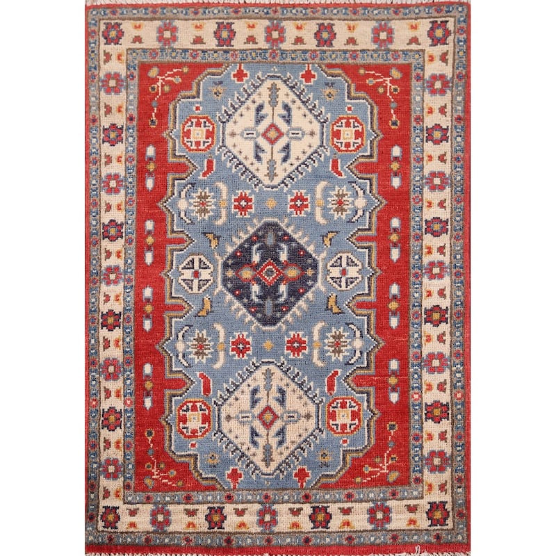 Blue Geometric Kazak Foyer Rug Handmade Traditional Wool Carpet - 2'1" x 2'11"