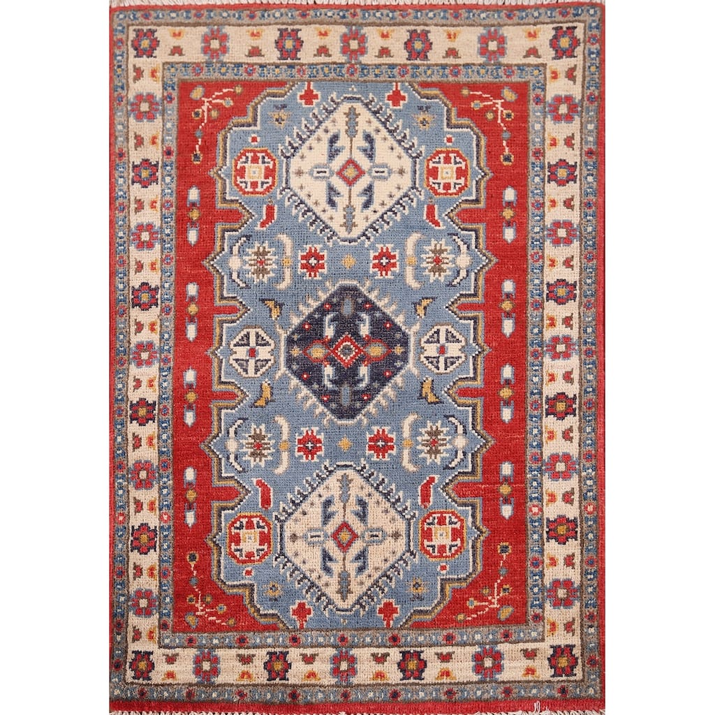 Blue Geometric Kazak Foyer Rug Handmade Traditional Wool Carpet - 2'1" x 2'11"