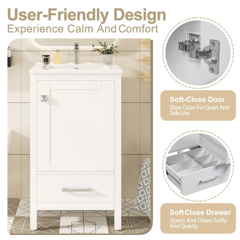 20" Small Bathroom Vanity with Ceramic Sink, Freestanding Storage Cabinet with Soft Close Drawer and Door Organizer