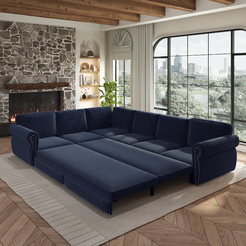 L-Shaped Sectional Sofa with Pull-Out Bed, Oversize Convertible Sleeper Sofa with Rolled Arms, Chenille Upholstery