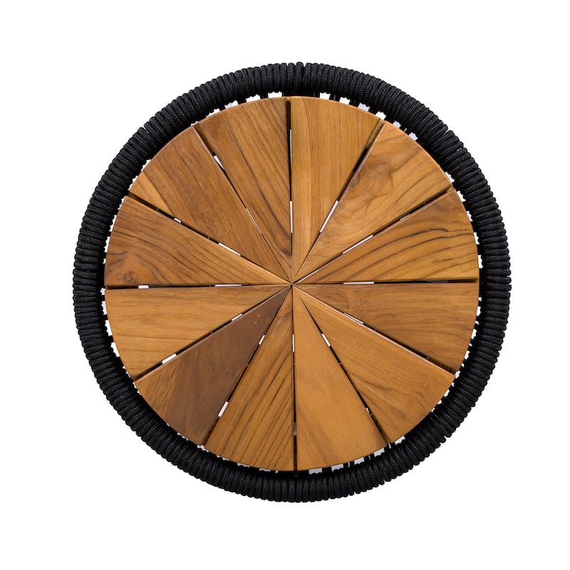 Roomfitters 25.8" Outdoor Side Table Modern Woven Rope Hourglass Patio Accent Table with Teak Wood Finish Top