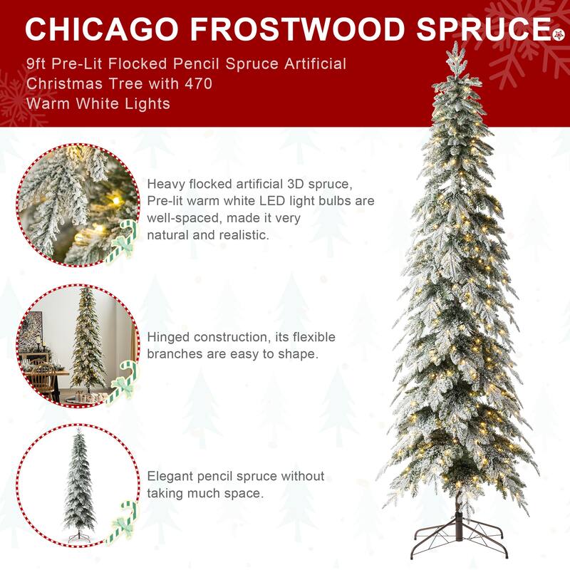 Glitzhome Pre-Lit Flocked Pencil Spruce Artificial Christmas Tree with Warm White Lights