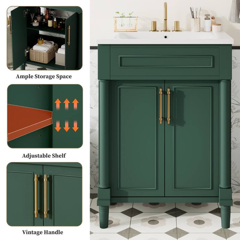 24" Bathroom Vanity with Ceramic Sink - Compact Cabinet with 2 Doors, Adjustable Shelf, Solid Wood Frame, Soft-Close Hinges