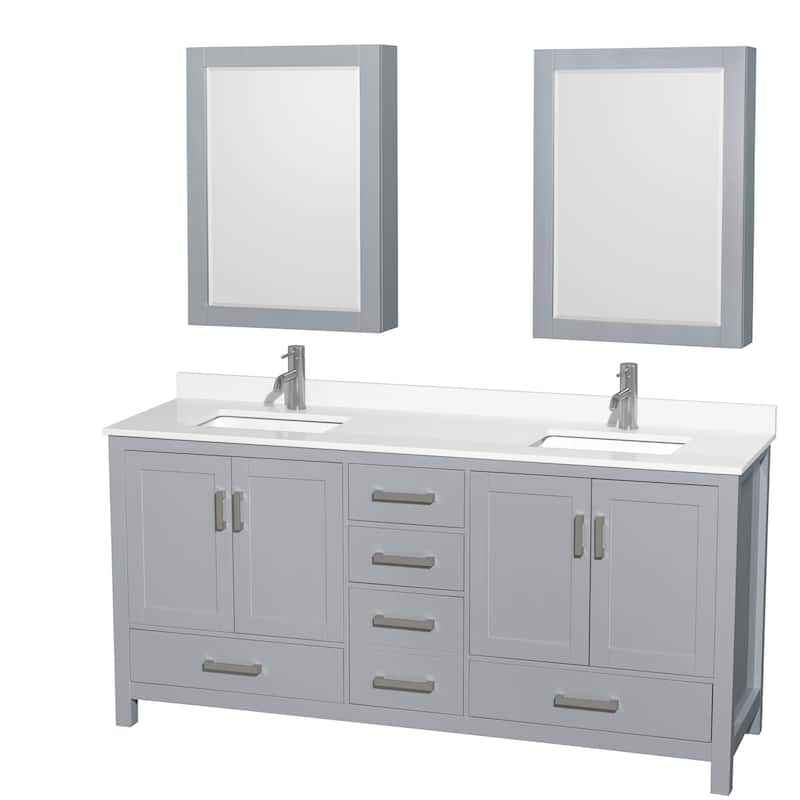 Sheffield 72-inch Double Vanity, Single Hole Quartz Top, Med Cabinets - Gray, Chrome Trim, White Quartz Top