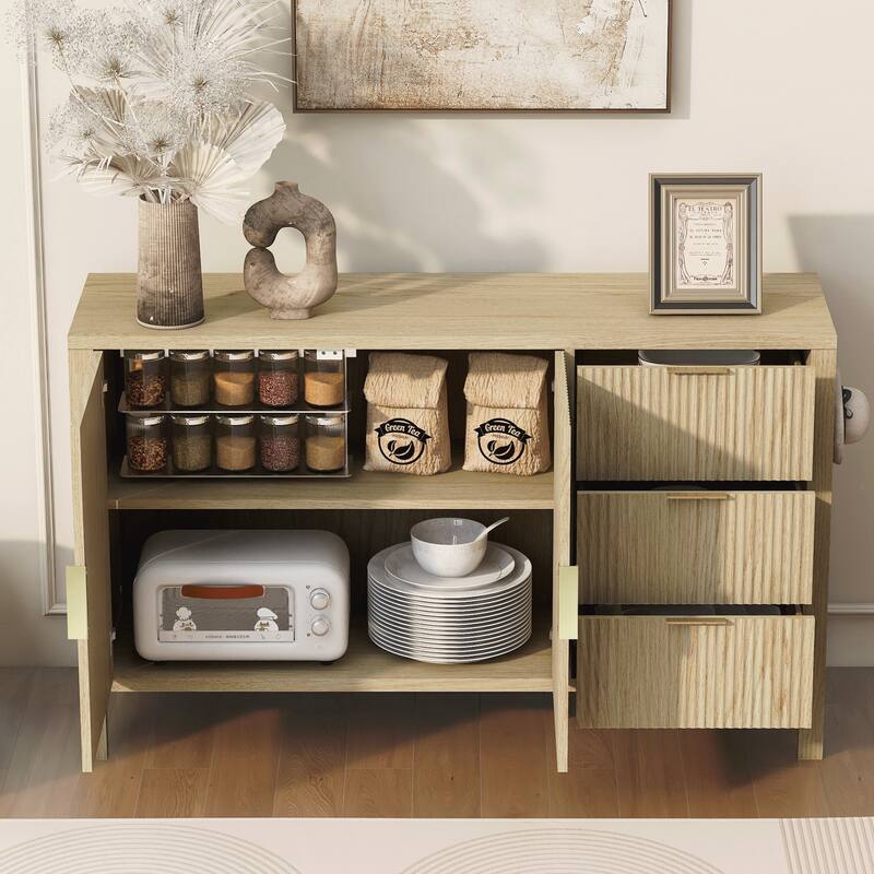 Modern Wave-Pattern Sideboard with 3 Drawers, Large Storage Buffet Cabinet with Hooks and Extra Center Leg - Natural