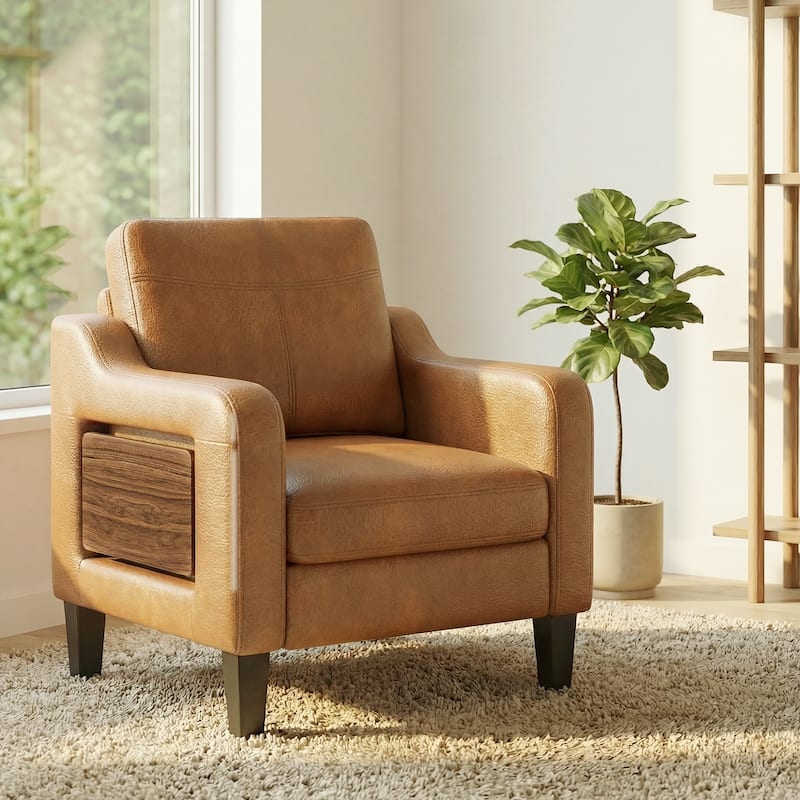Modern Accent Chair with Wooden Armrest Comfortable Single Sofa Armchair for Living Room Bedroom Reading