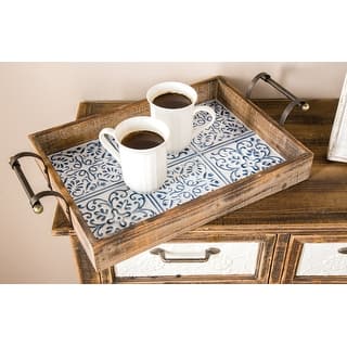 Brown Wood Living Room Decor Tray with Tile Patterns (Set of 2) - 23 x 13 x 4