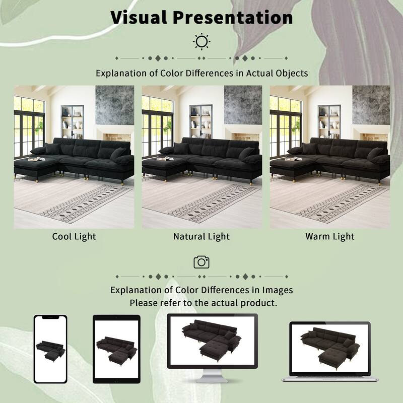 Black 106'' L-Shaped 4 Seater Convertible Sectional Sofa with Adjustable Two-Tone Legs, Movable Ottoman