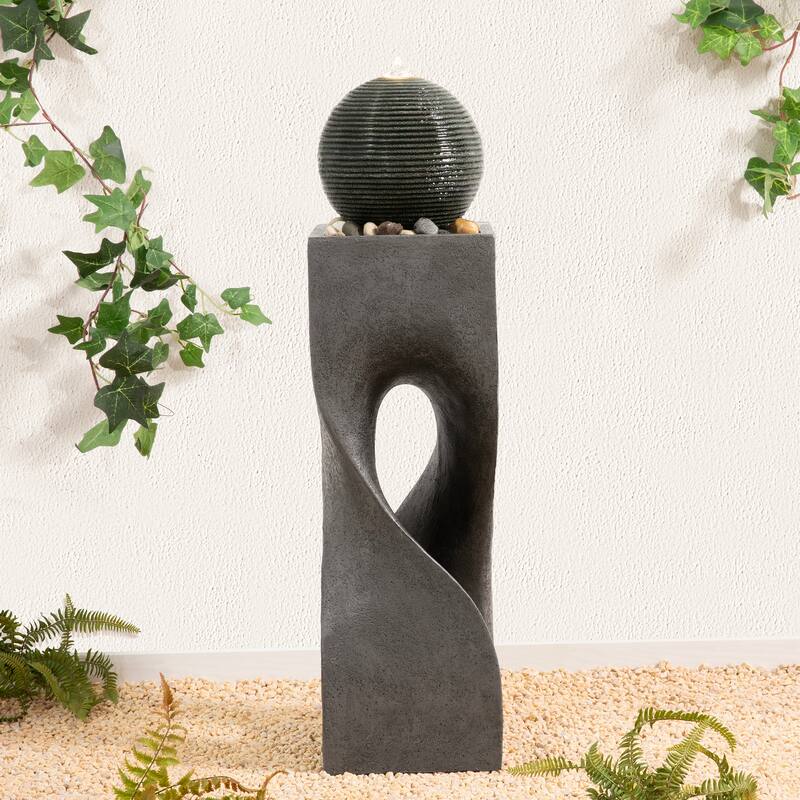 Glitzhome Modern Geometric Oversized Pedestal Sphere Polyresin Outdoor Floor Fountain with Pebbles