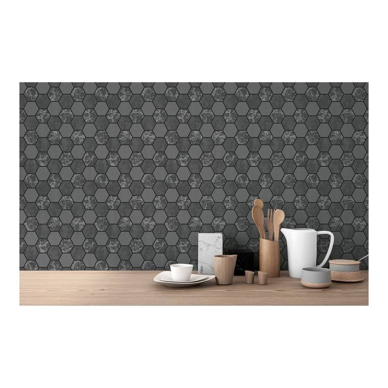 Fine Decor Ceramica Black Hexagon Tile Wallpaper