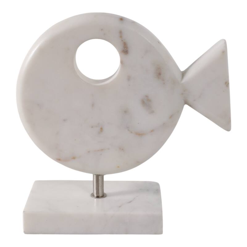 Stone Marble Figurine Coastal Fish Sculpture Home Office - 9" White - 9" x 4" x 9.5"