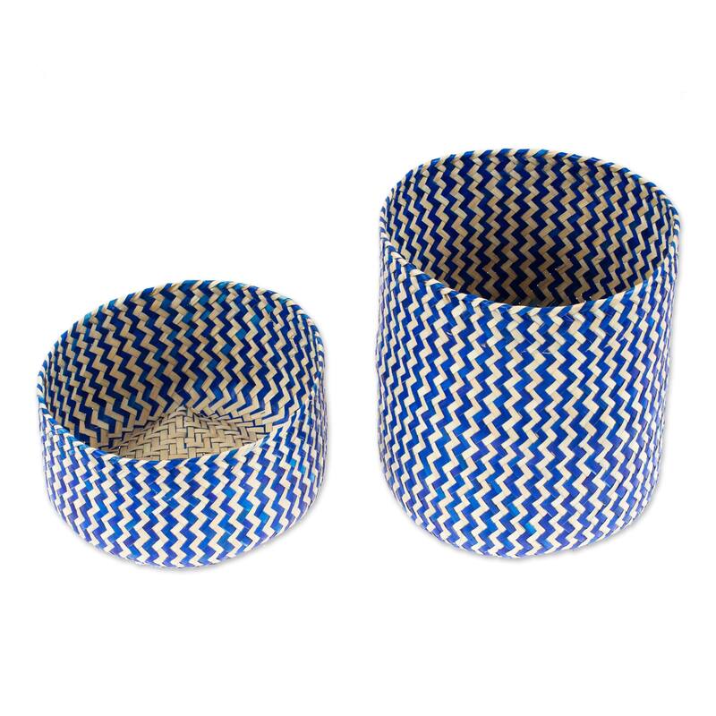 Novica Handmade Tiger In Blue Natural Fiber Basket