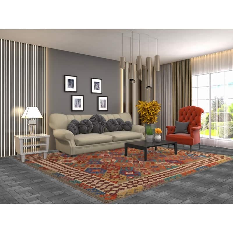 Colorful Geometric Kilim Oriental Area Rug Hand-Woven Wool Carpet - 8'7"x 9'6"