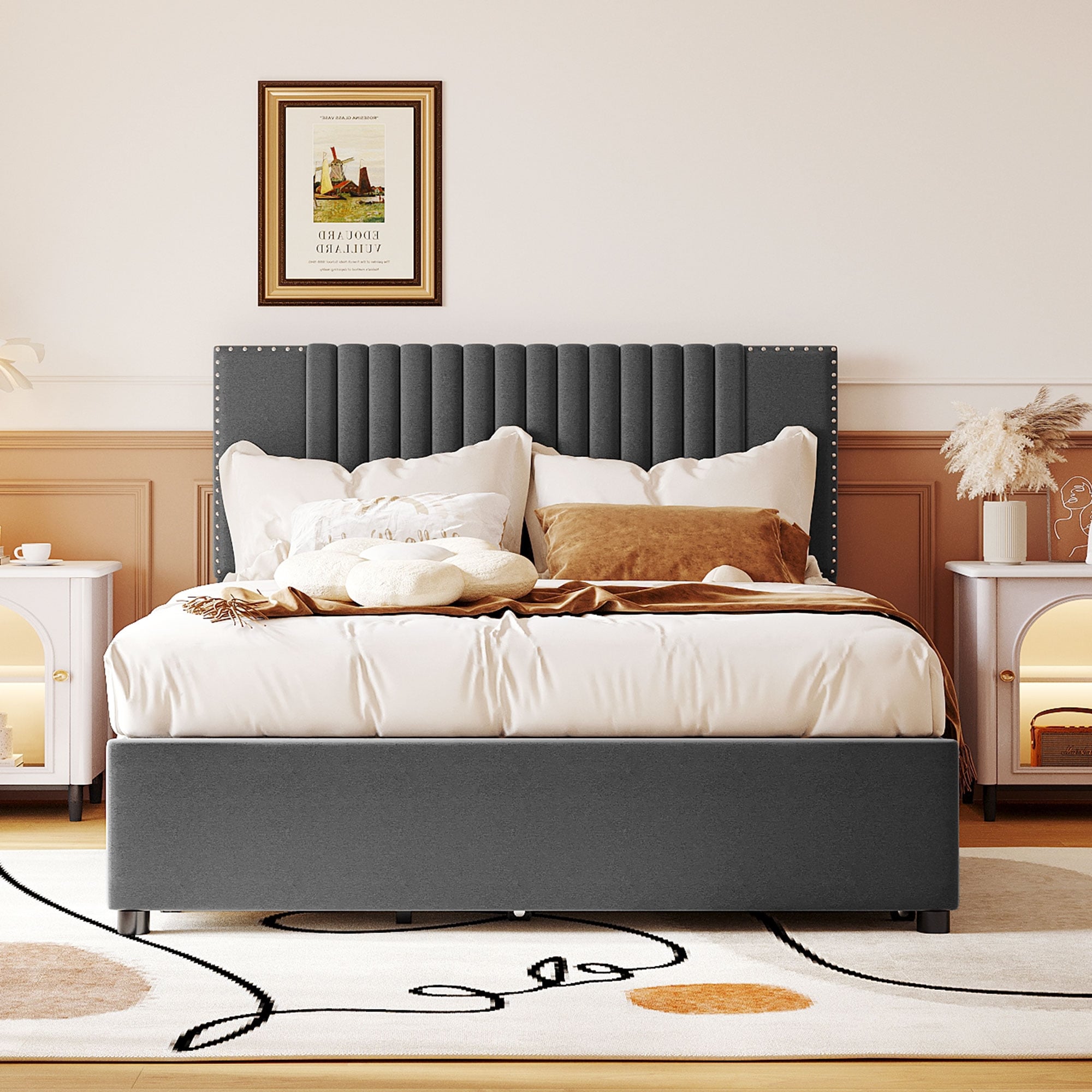 Upholstered Platform Bed with 2 Drawers and Twin/Twin XL Trundle, Full/Queen Size, Elegant Headboard Design, No Box Spring