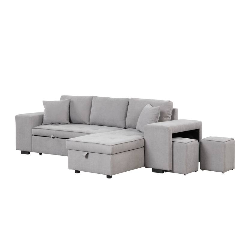 Modern L-Shape 3 Seat Reversible Sectional Couch, Pull Out Sleeper Sofa with Storage Chaise and 2 Stools