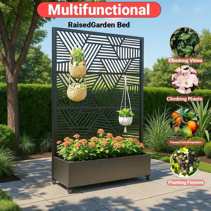 Metal Privacy Screen with Wheels – Galvanized Steel Garden Trellis & Planter Box for Climbing Plants/Vines