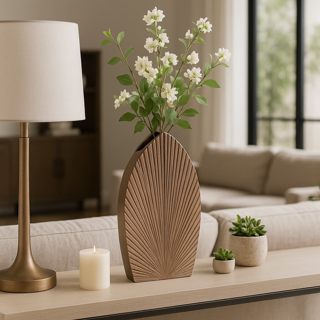 Decorative Metal Flower Vase With Grooved Detailing - Stylish Chic Home Accent Decor