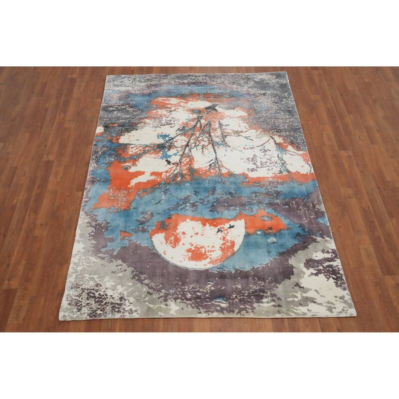 Hand Knotted Oriental Viscose Silk Carpet Modern Pictorial Multi-Colored Abstract Area Rug - 7' 3'' X 5' 2''