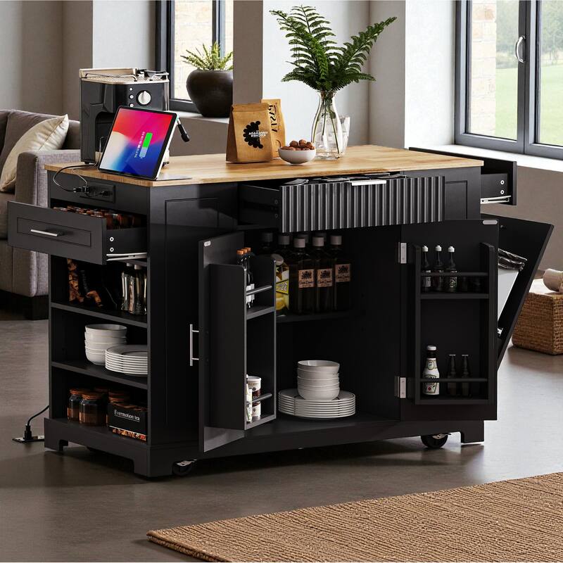 47" Fluted Kitchen Island with Trash Can Cabinet, Power Outlet, Rubber Wood Top, Rolling Storage Cart with Drawers & Side Racks