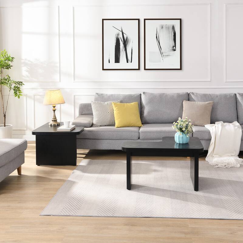Rectangle Wood Detachable Coffee Table, Single L Shape Farmhouse Coffee Table - Black