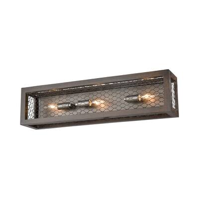 Industrial Two Light Caged Wall Sconce In Aged Wood/Weathered Zinc Finish With Clear Crystal - 24X6 Inches - Rectangle C