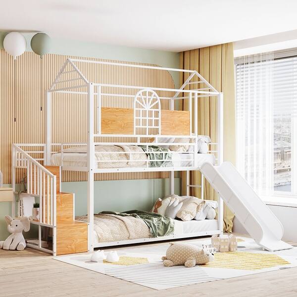 slide 2 of 11, Twin Over Twin Bunk Bed with Roof & Window, Playhouse Bed w/Full-Length Guardrails, Slide & Storage Stair, for Kids Teens, White