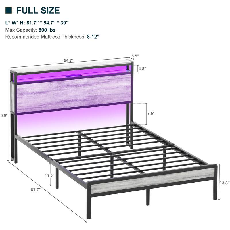 Farmhouse Wood Platform Bed Frame with Charged Station and LED Lights