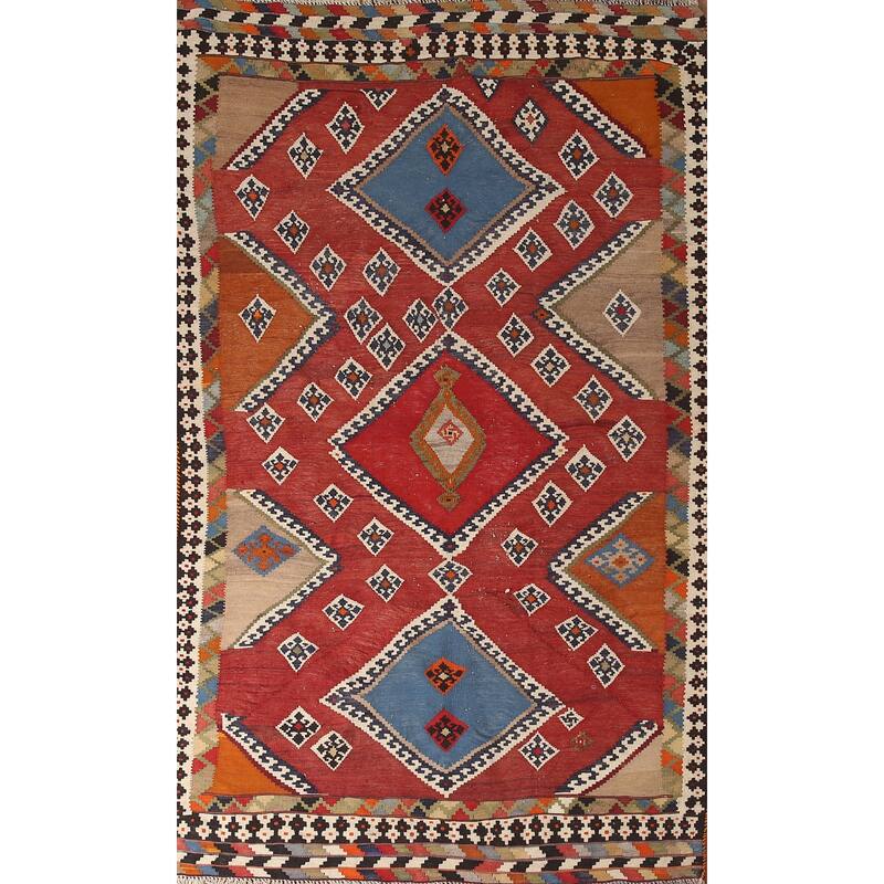 Orange Kilim Qashqai Persian Vintage Area Rug Hand-Woven Wool Carpet - 4'8" x 8'8"