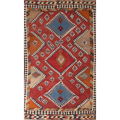 Orange Kilim Qashqai Persian Vintage Area Rug Hand-Woven Wool Carpet - 4'8" x 8'8"