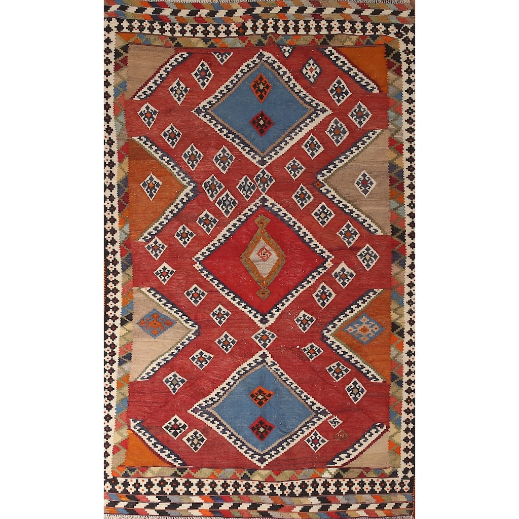 Orange Kilim Qashqai Persian Vintage Area Rug Hand-Woven Wool Carpet - 4'8" x 8'8"